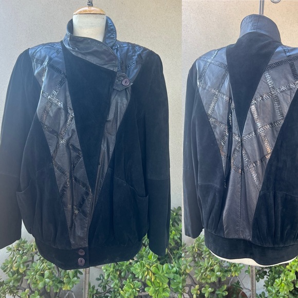 Vintage 80s black suede bomber jacket big shoulders pockets 6 Dominic Bellissimo - Picture 1 of 12